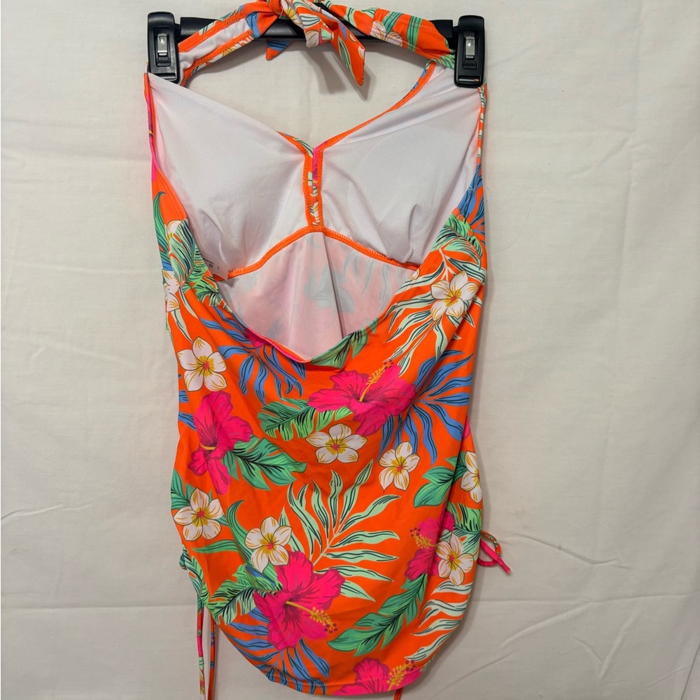 bright orange floral print halter tankini swim top with adjustable side ruching. - Picture 3 of 9